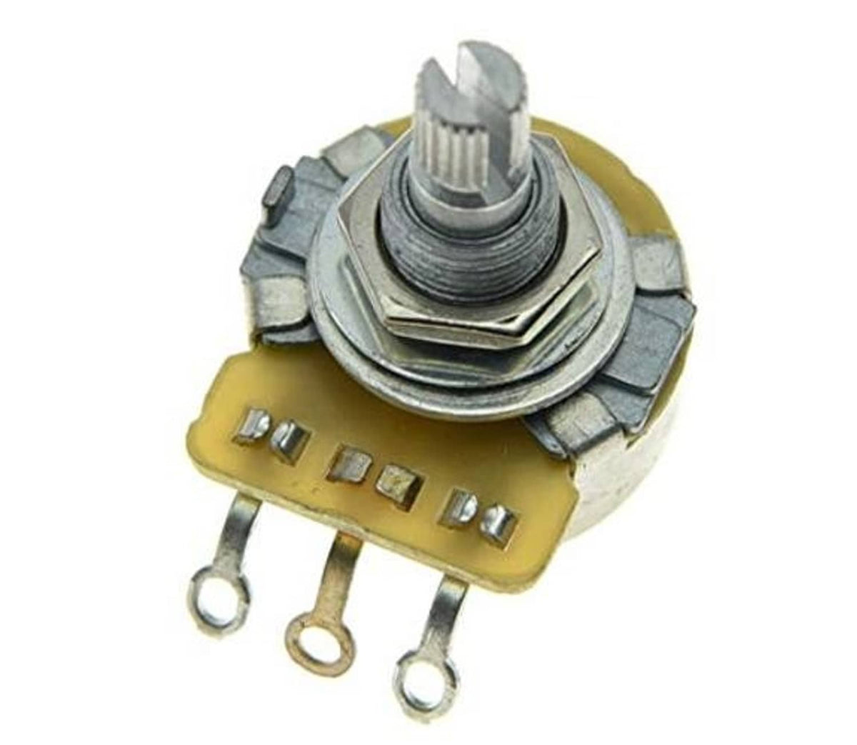 Electric guitar audio potentiometer on yellow board with metal tabs and pins