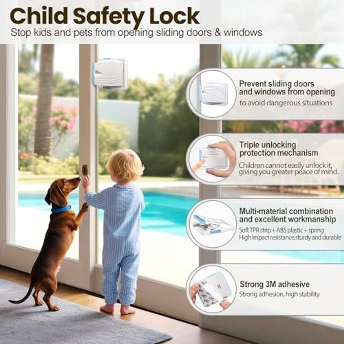 White child safety lock for sliding doors and windows, shown on a door frame