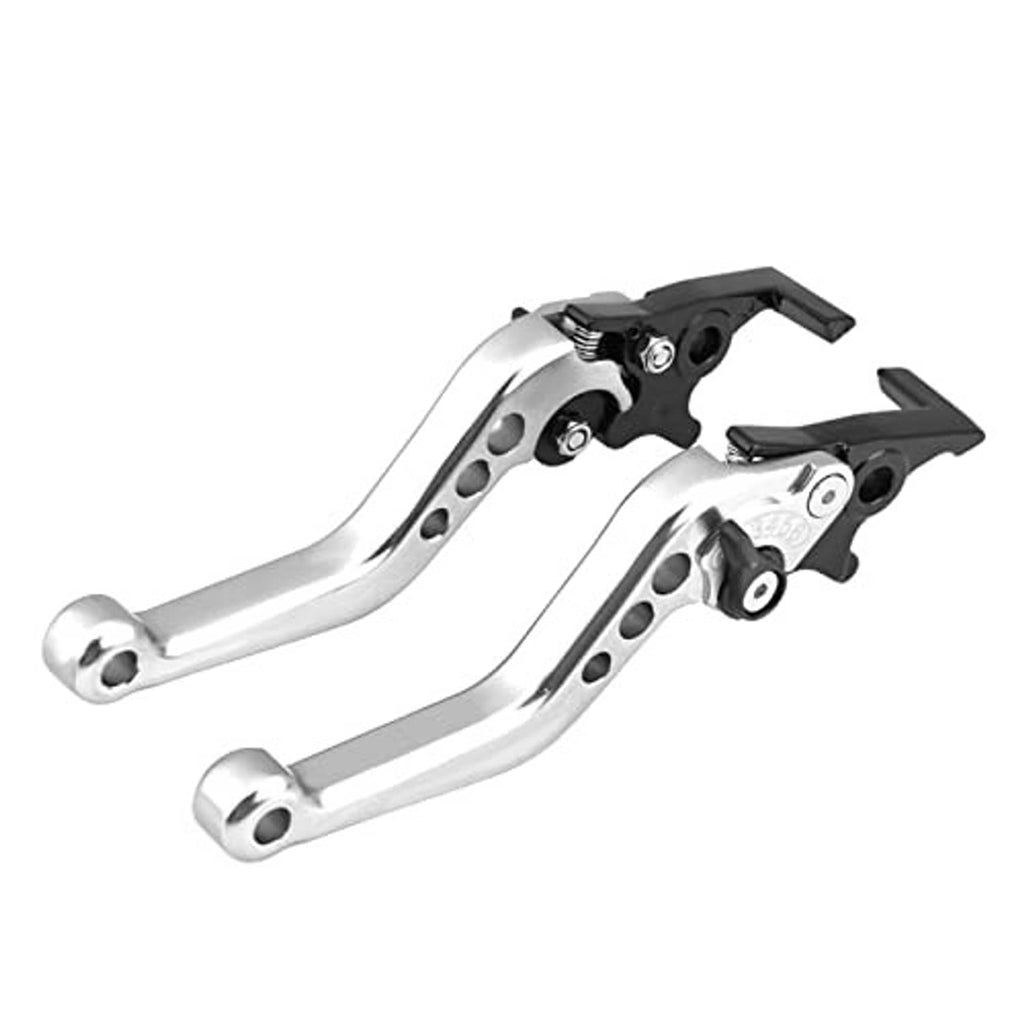 Motorcycle lever pair in silver with black brake blades and adjustable pivot blocks