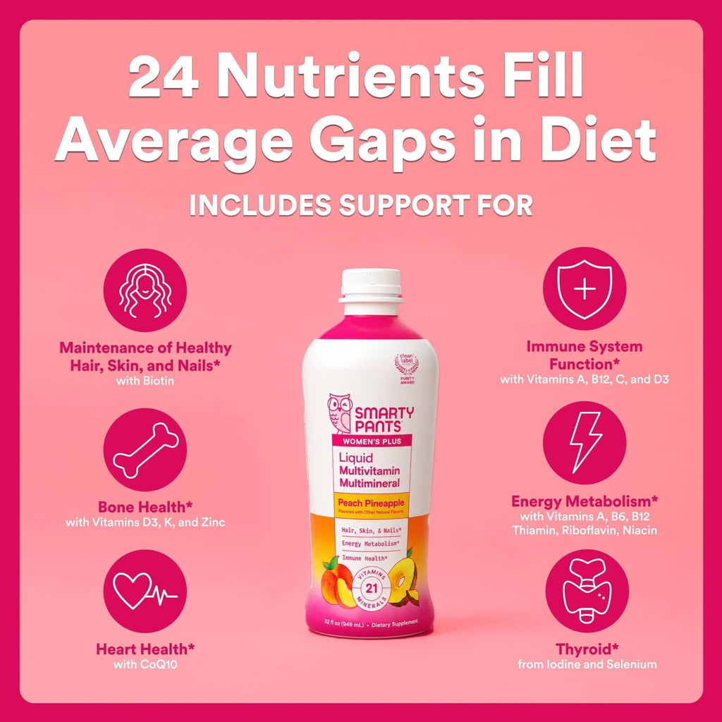Pink multivitamin bottle with 24 nutrients fill average gaps in diet graphic
