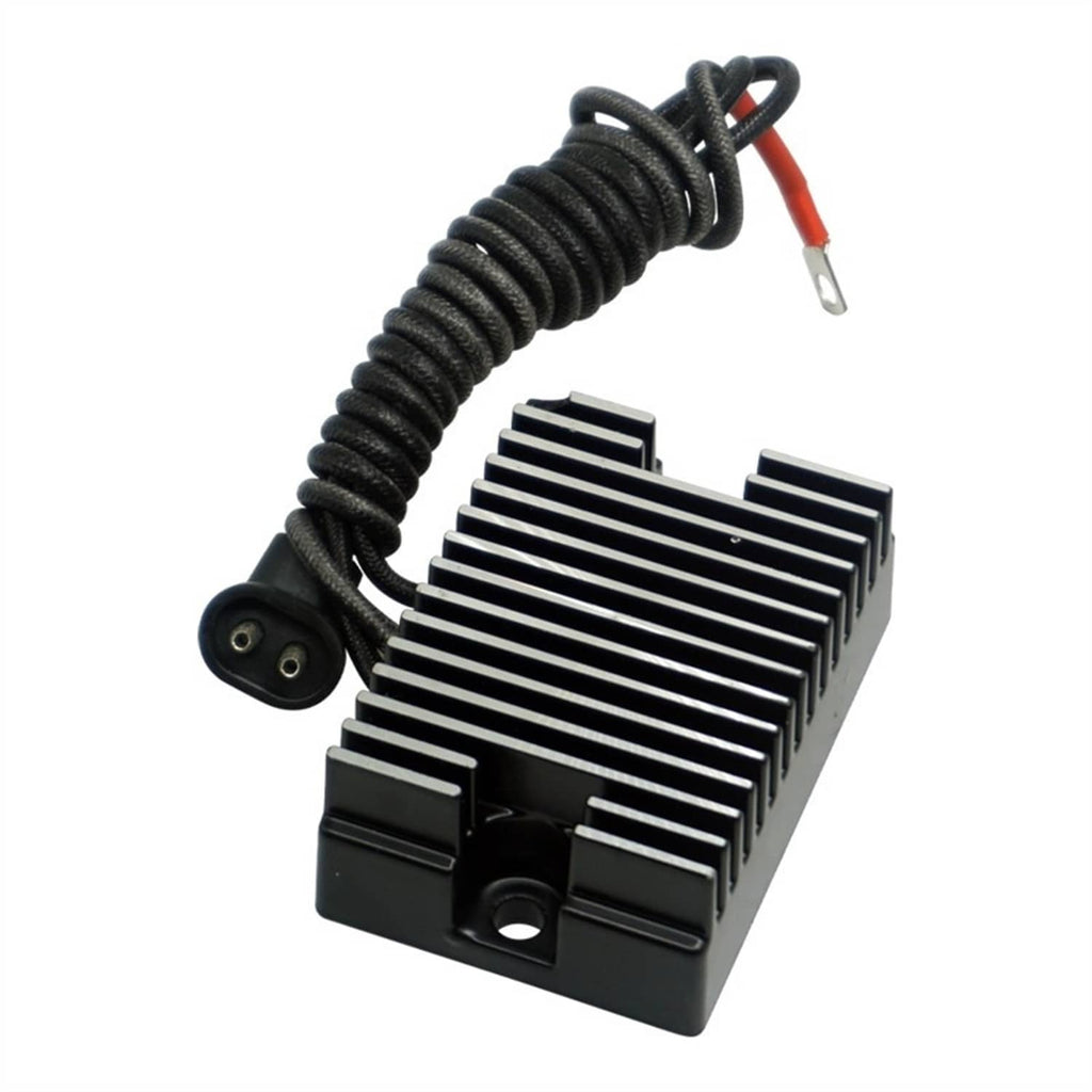 Black voltage regulator rectifier with finned heatsink and red/black wire leads