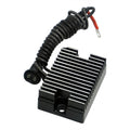 Black voltage regulator rectifier with finned heatsink and red/black wire leads