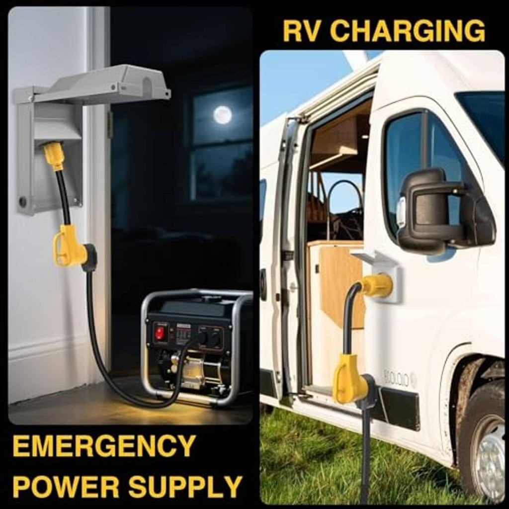 Yellow RV charging adapter cord with black cable and generator inlet connector