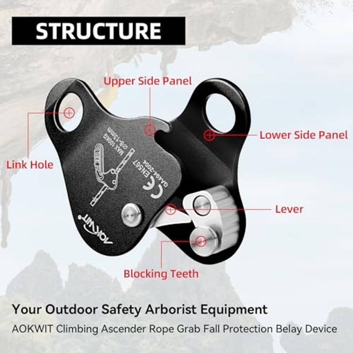 Black rope grab device with link hole, lever, and blocking teeth (diagram view)