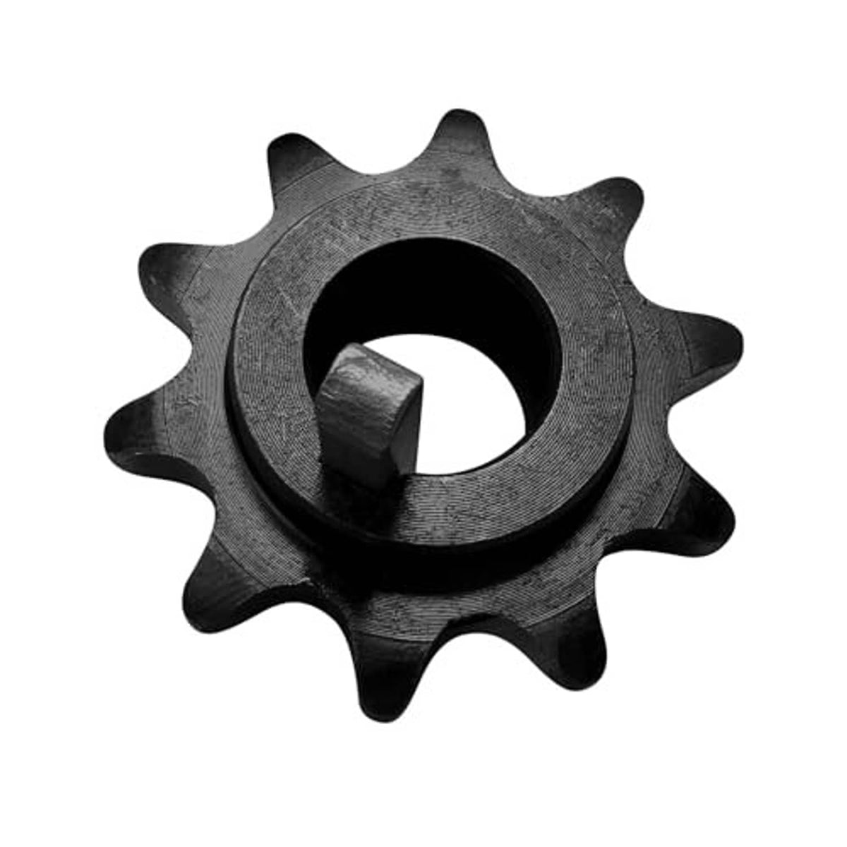 10-tooth chain sprocket with center bore, dark metal finish, side-mounted key