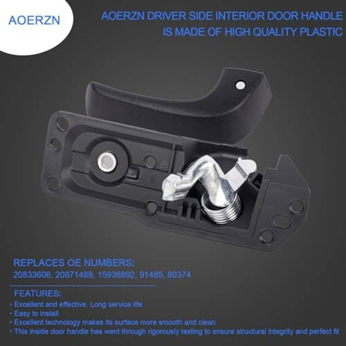 Black inside door handle with metal threaded insert and mounting bracket close-up