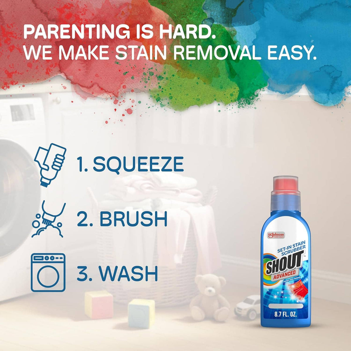 Shout Advanced stain remover gel bottle beside laundry items and foam.