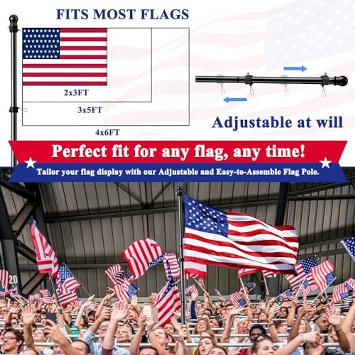 Adjustable black flag pole kit with finial, swivel section, clips, and wall-mount bracket