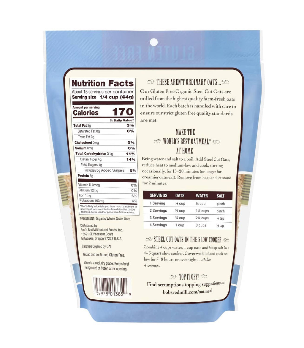 Bob's Red Mill gluten-free organic steel cut oats pouch with nutrition facts panel