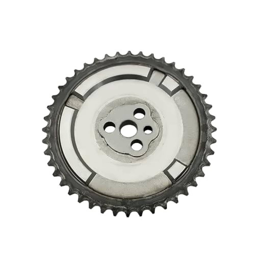 Engine timing camshaft sprocket gear angled view with circular mounting plate and teeth