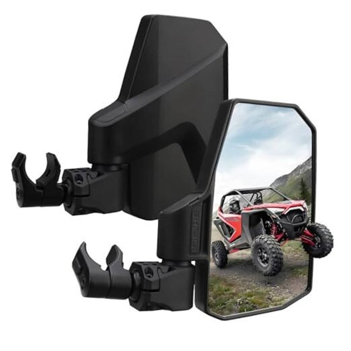 UTV side mirrors with black mounts and adjustable brackets, two mirrors shown in view