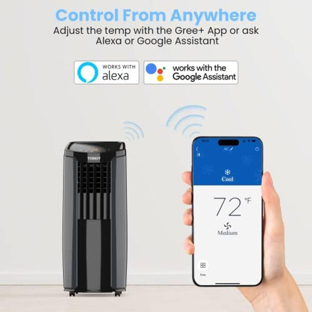 Portable air conditioner with front grille, controlled via smartphone app on screen