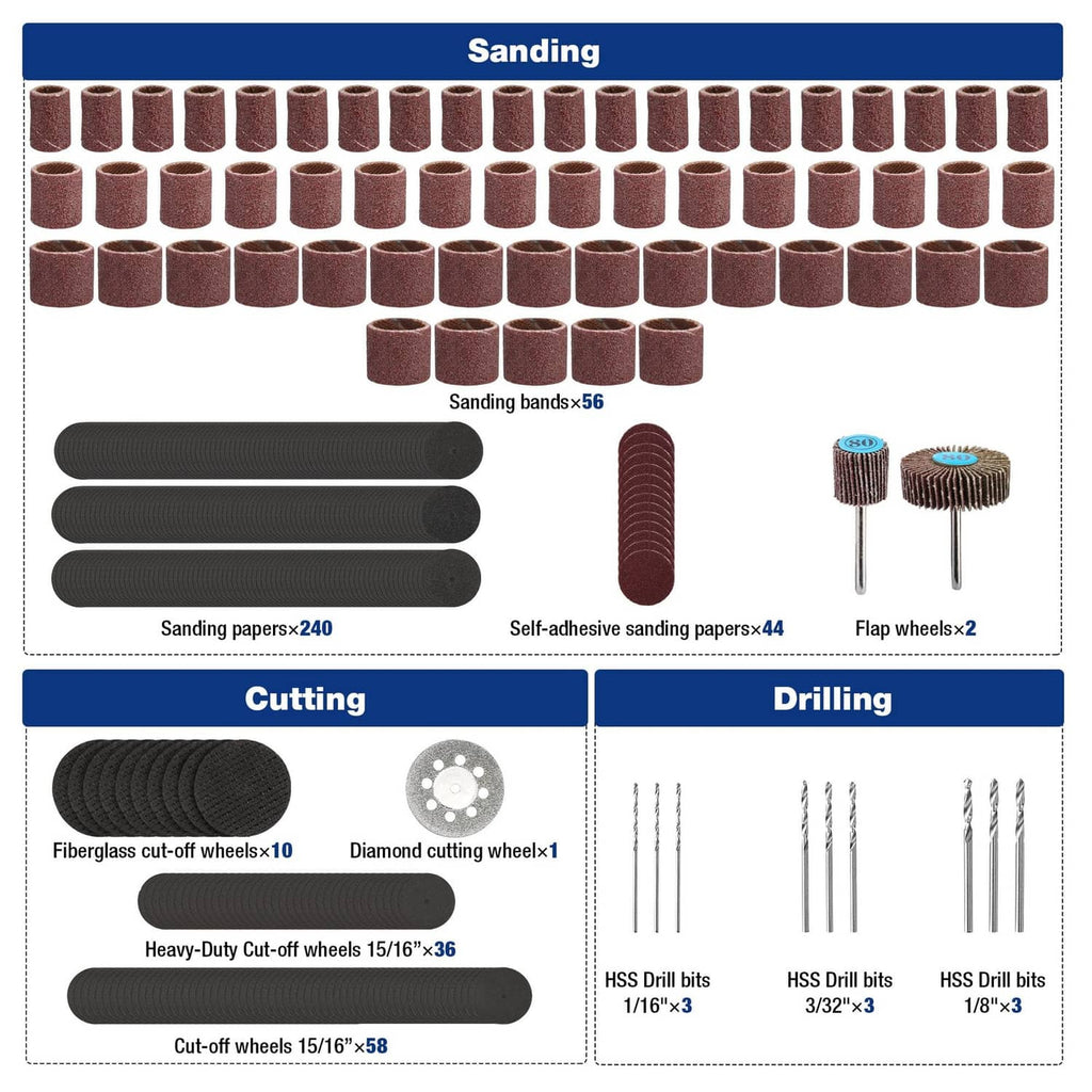 Sanding accessory assortment with brown sanding bands, pads, and mounted grinding wheels