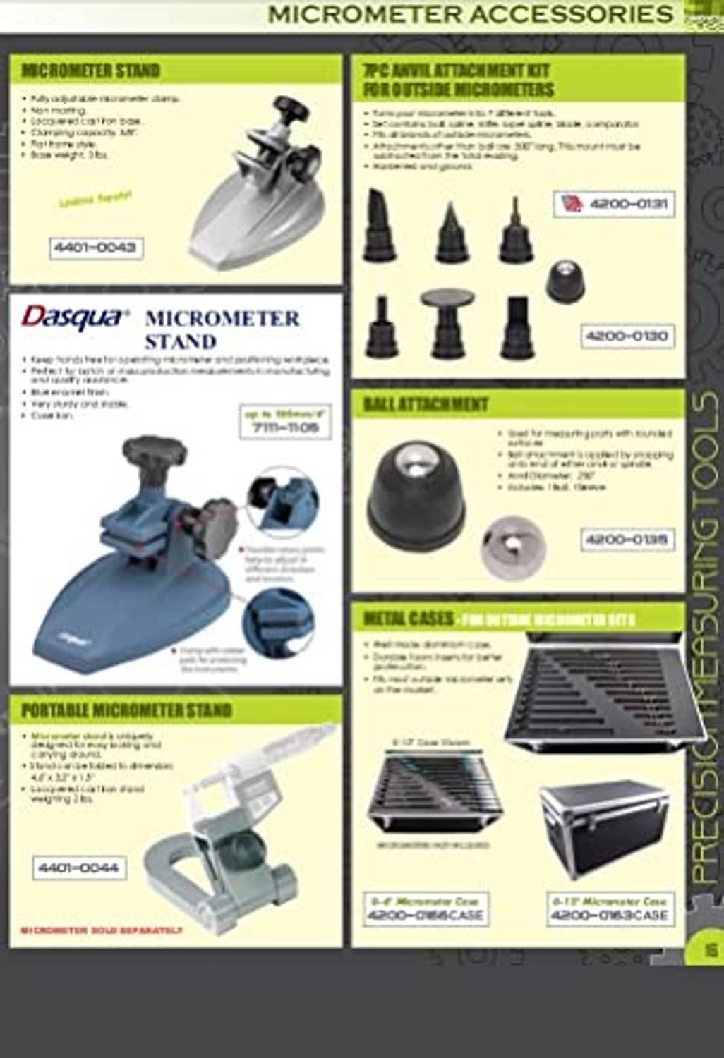 Micrometer accessories pages with stands, cases, and wire measuring tools