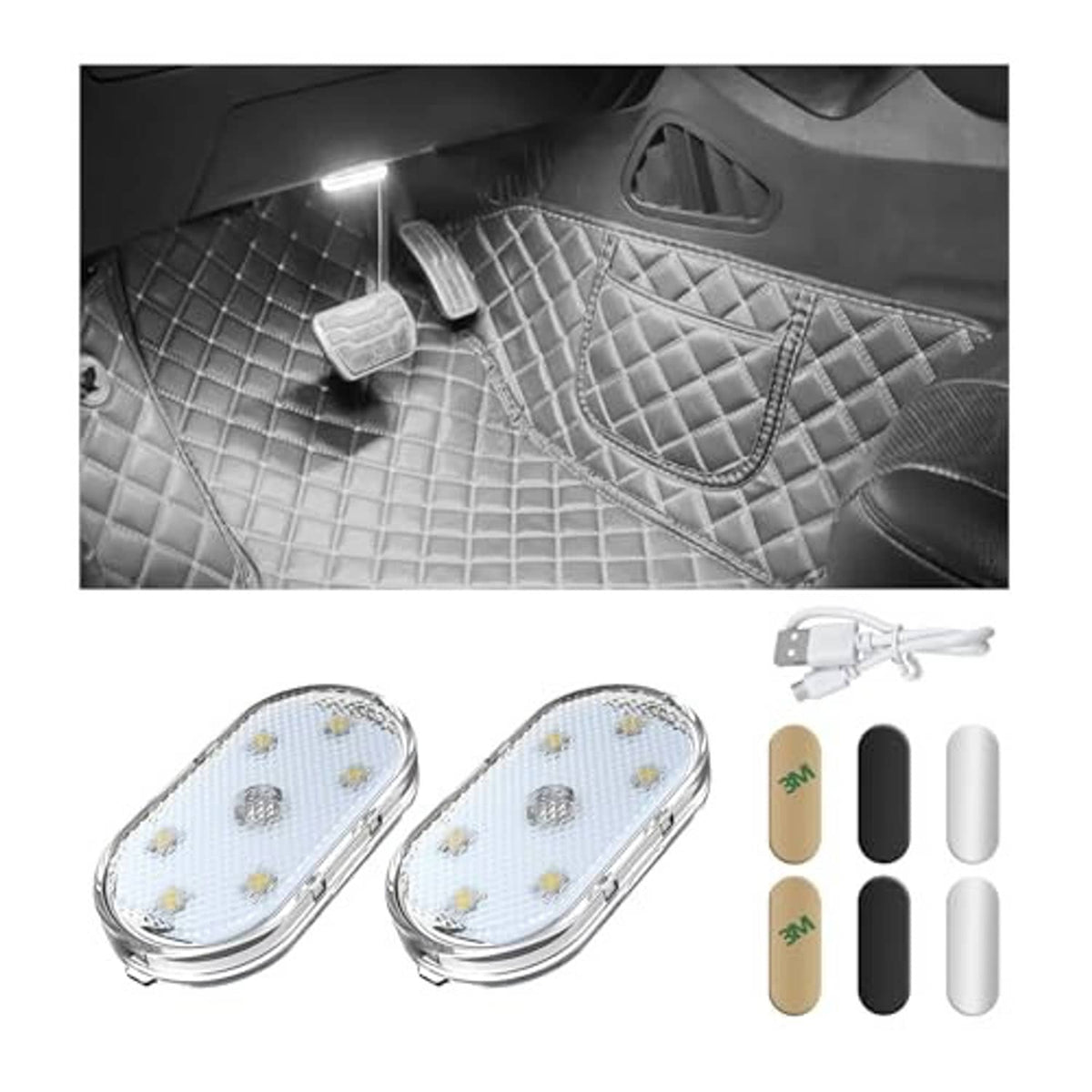 Two oval white LED car ambient lights with 3M adhesive and power cable