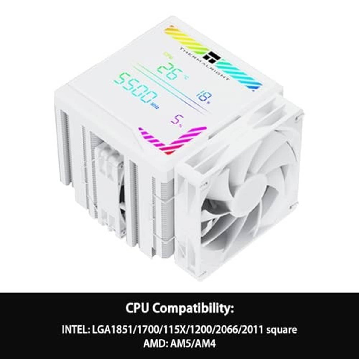 White CPU air cooler with dual fans and top digital display, compact tower shape