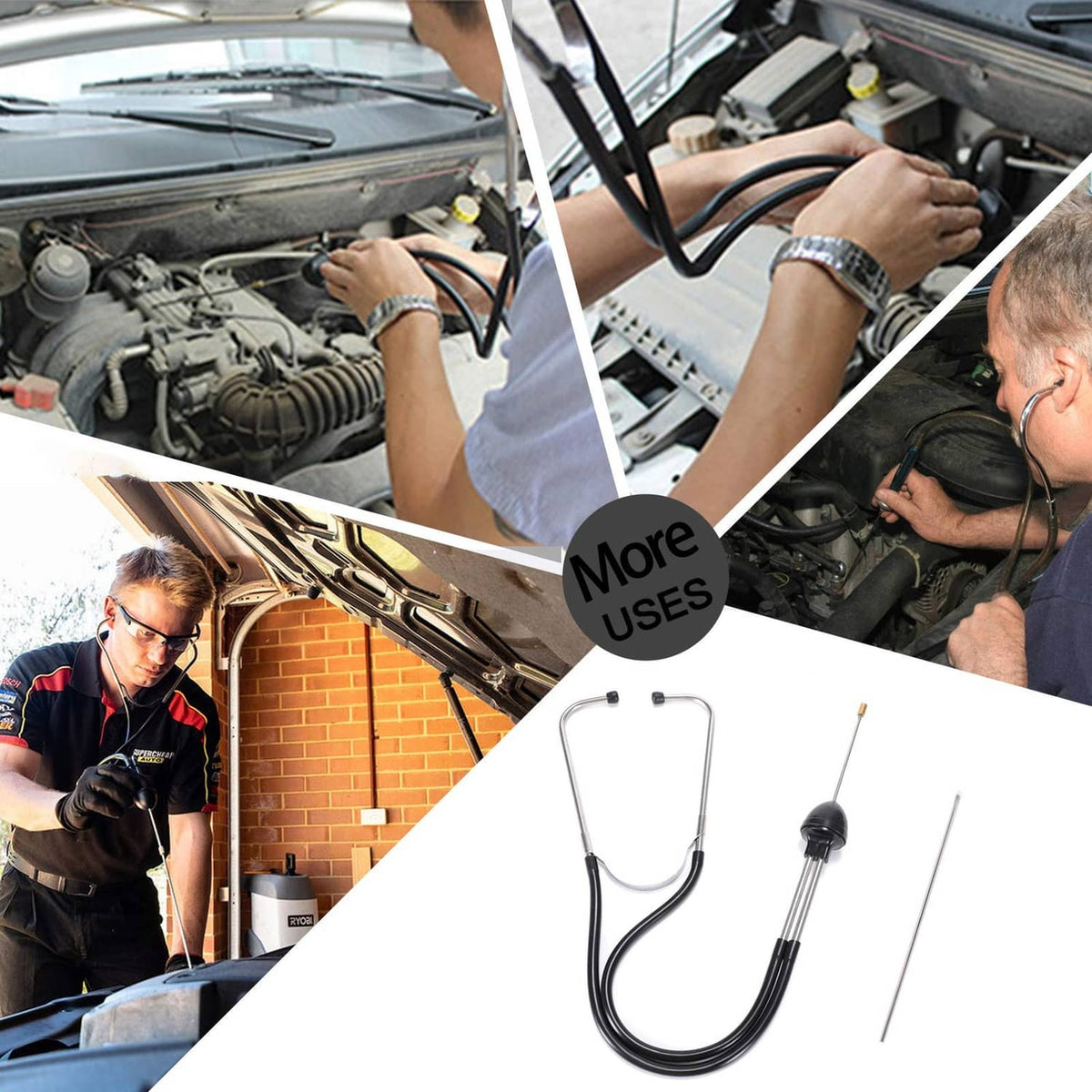 Lamoutor two-piece automotive mechanic stethoscope set next to mechanic using engine bay