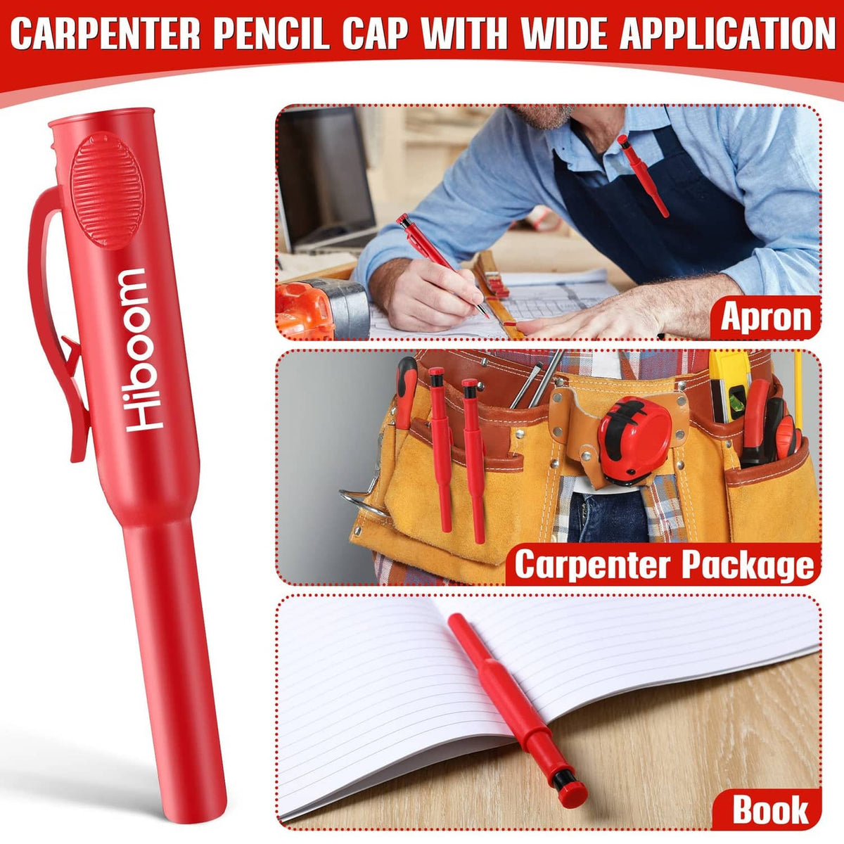 Carpenter pencil with wide-use cap and long pointed tip, red body