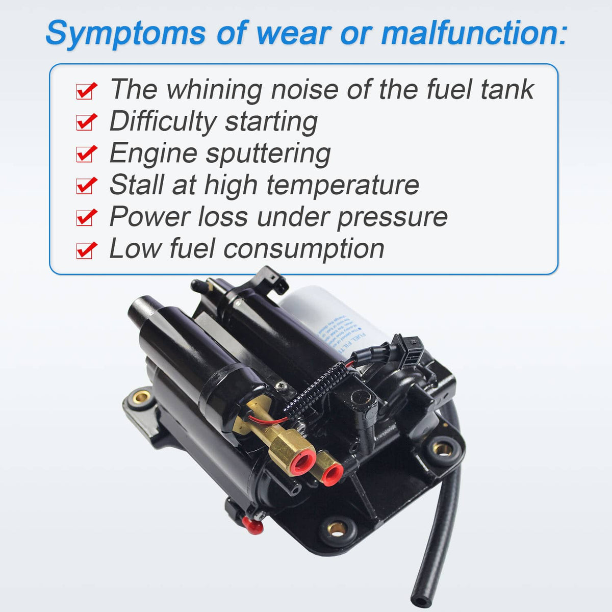 Electric fuel pump assembly with mounting base, red-capped ports, and attached wiring