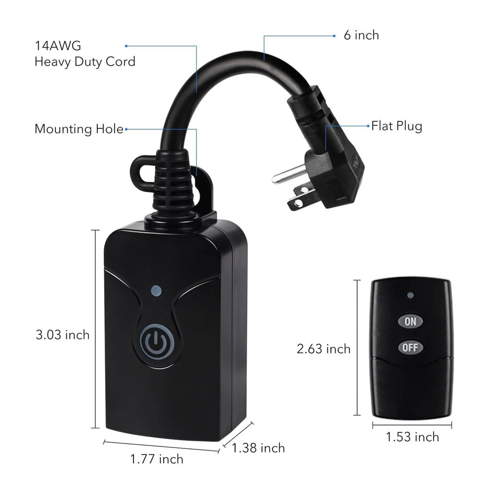 Black plug-in outlet switch with flat plug and heavy-duty power cord