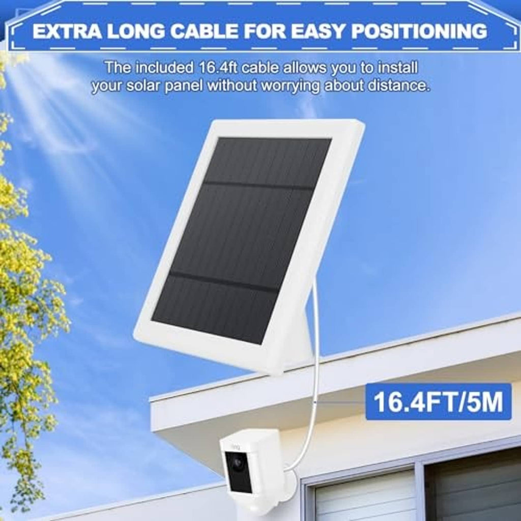 White outdoor solar panel charger with long cable, dark photovoltaic panel, and mounting bracket