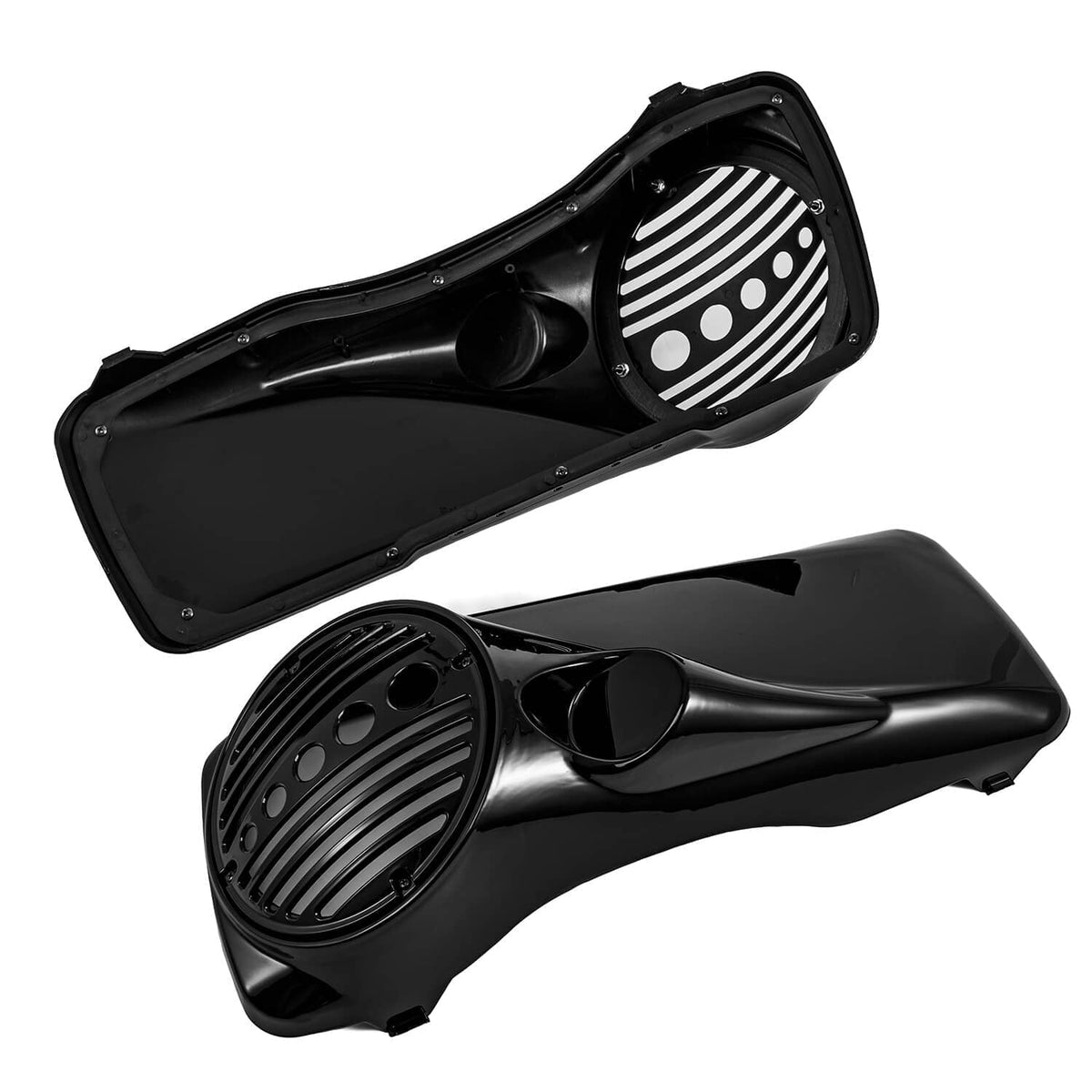 Two black 8-inch speaker lids with tweeter port and vented side grille