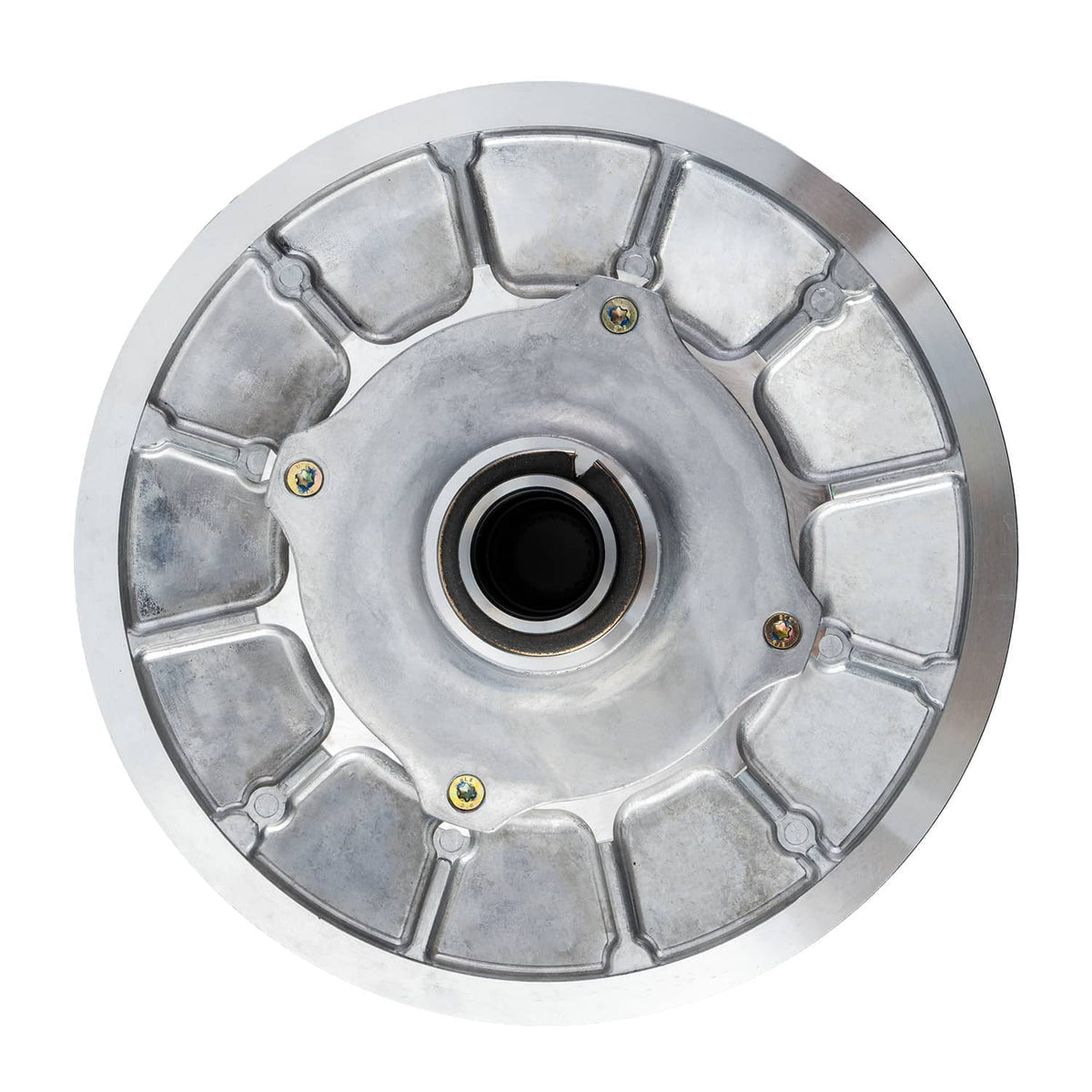 Metallic clutch face with central bearing and evenly spaced slots, silver steel