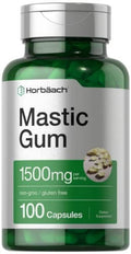 Mastic gum supplement bottle with green label, 1500mg per serving, 100 capsules