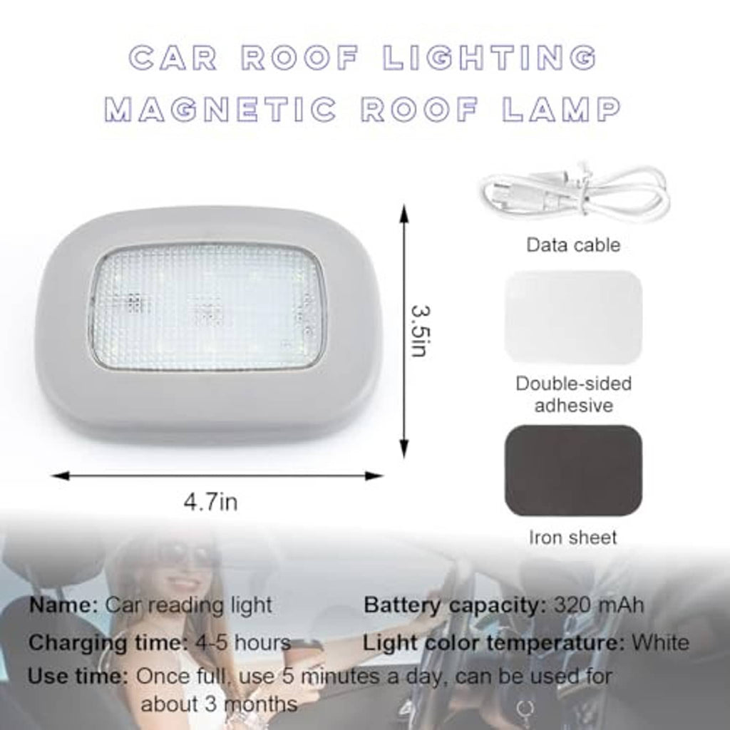 Gray car roof dome light with white LED panel, USB data cable, and adhesive mount pads