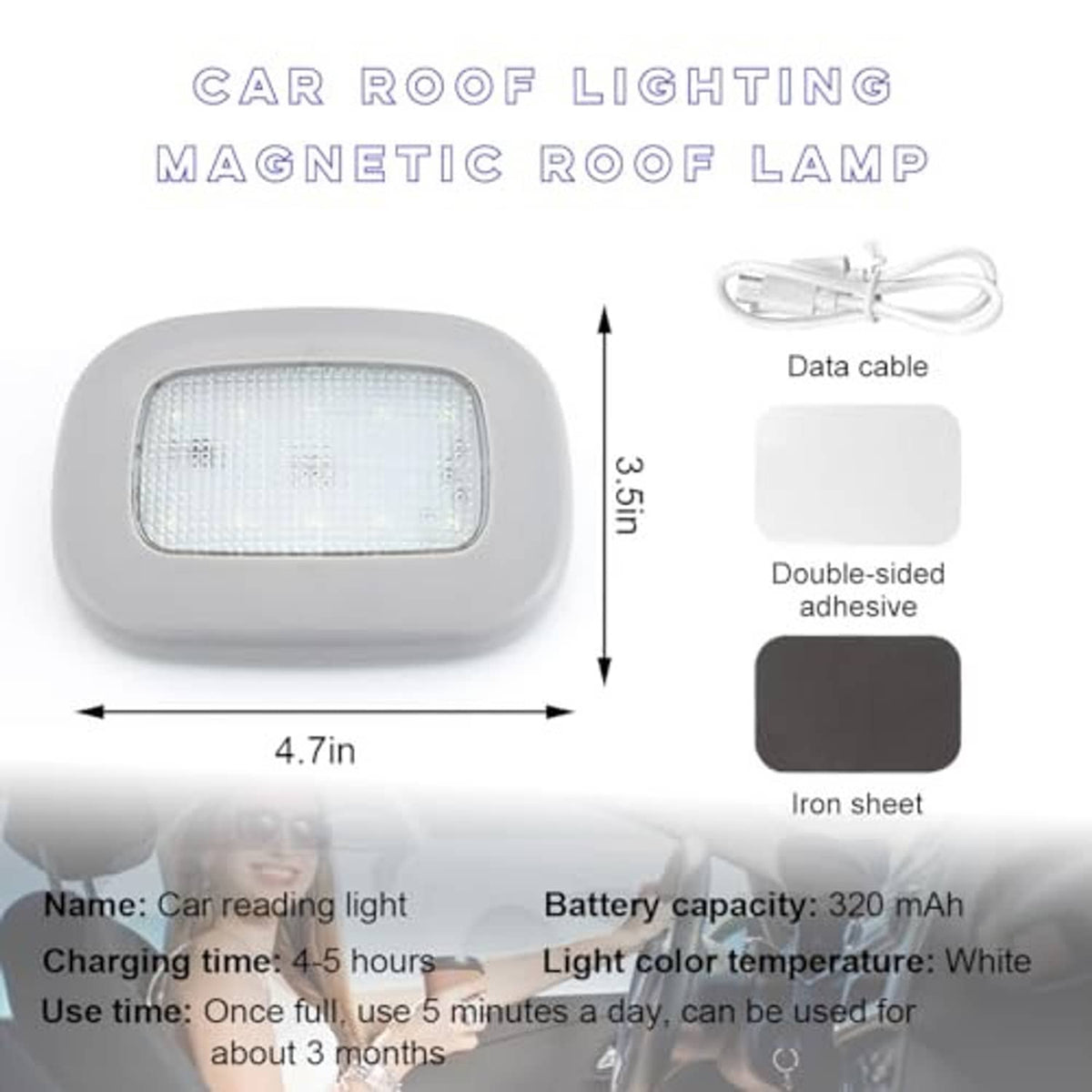 Gray car roof dome light with white LED panel, USB data cable, and adhesive mount pads