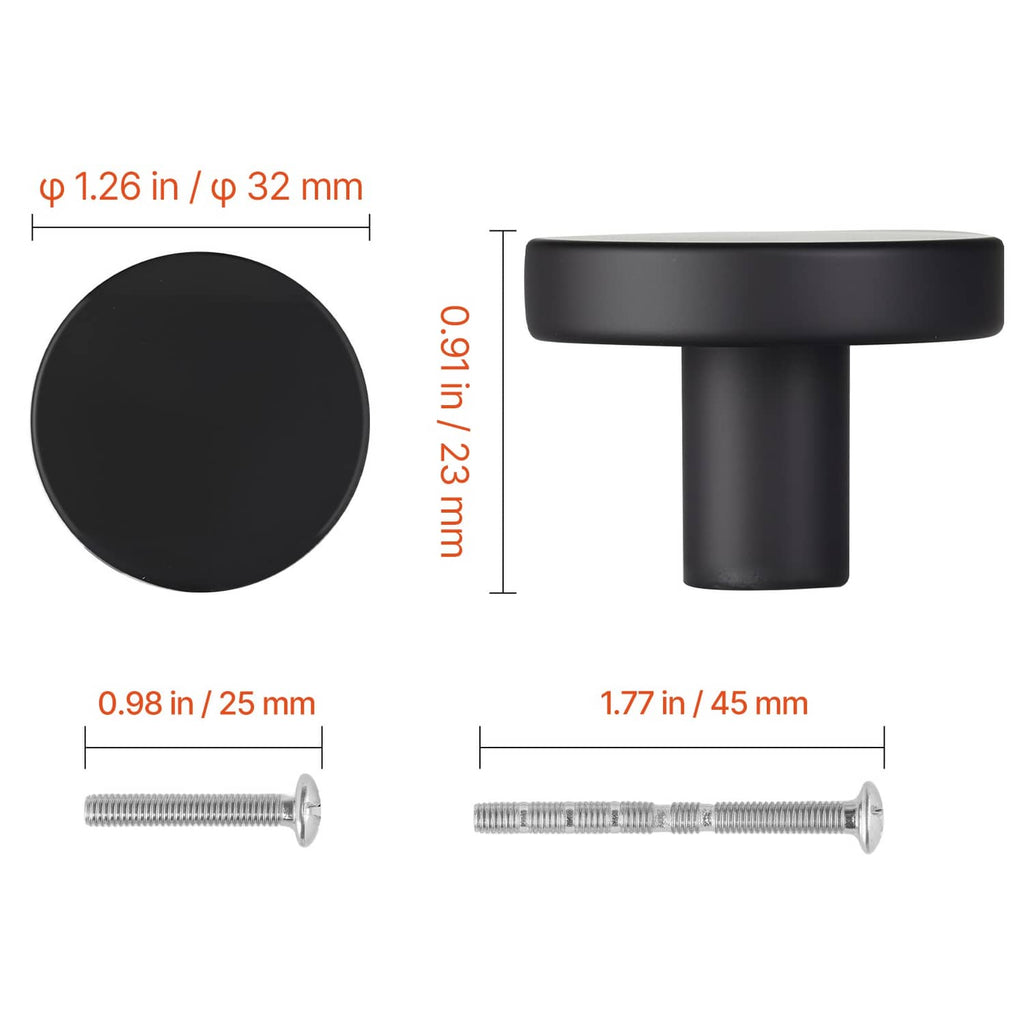 Black mushroom cabinet knob dimension diagram with round face, stem, and screws.