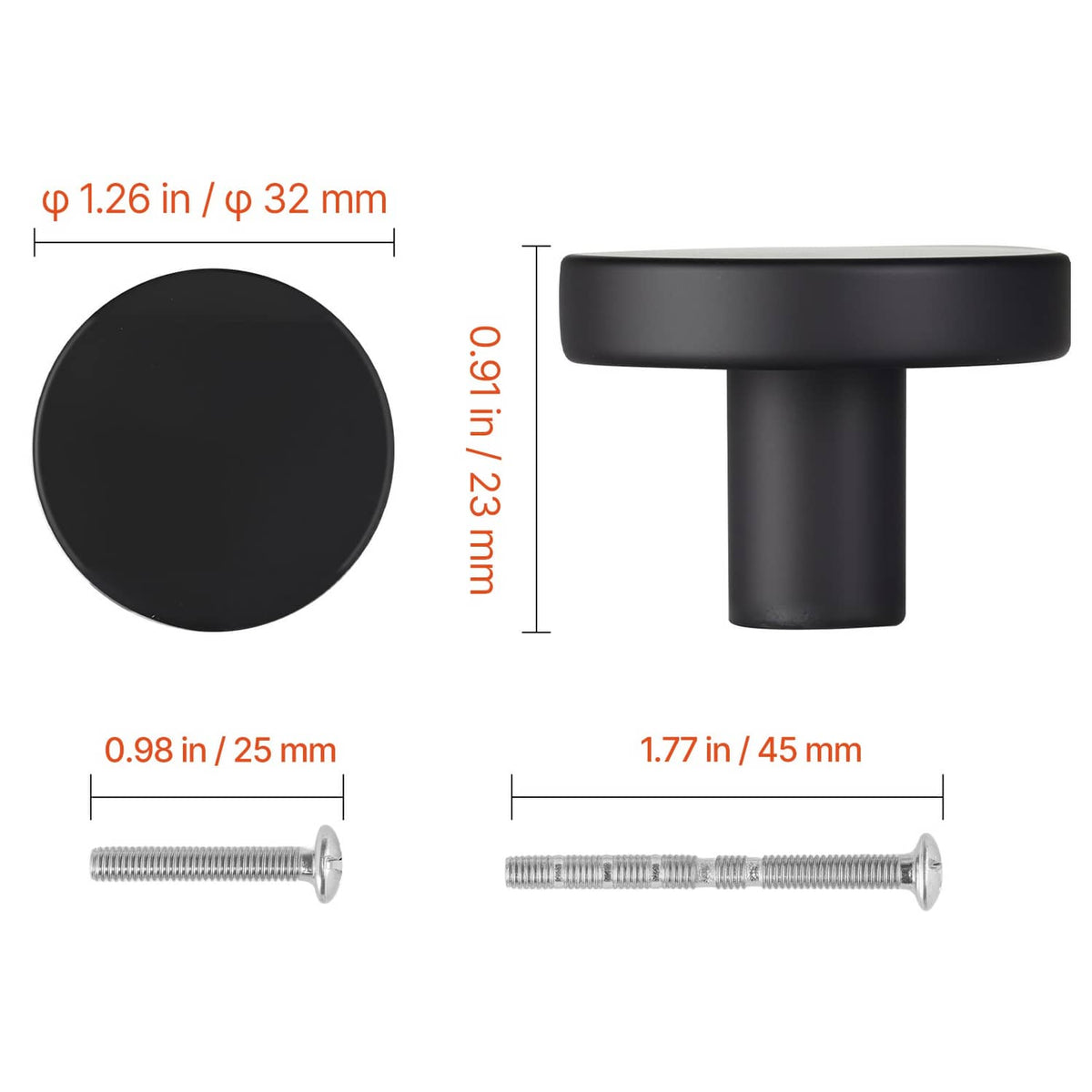 Black mushroom cabinet knob dimension diagram with round face, stem, and screws.