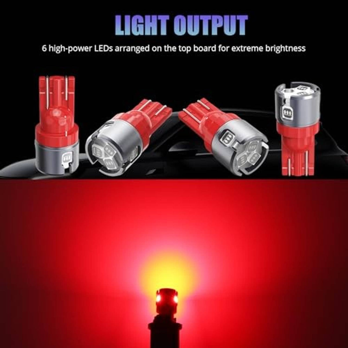 Multiple red T10 wedge LED bulbs with silver bases, emitting bright red light