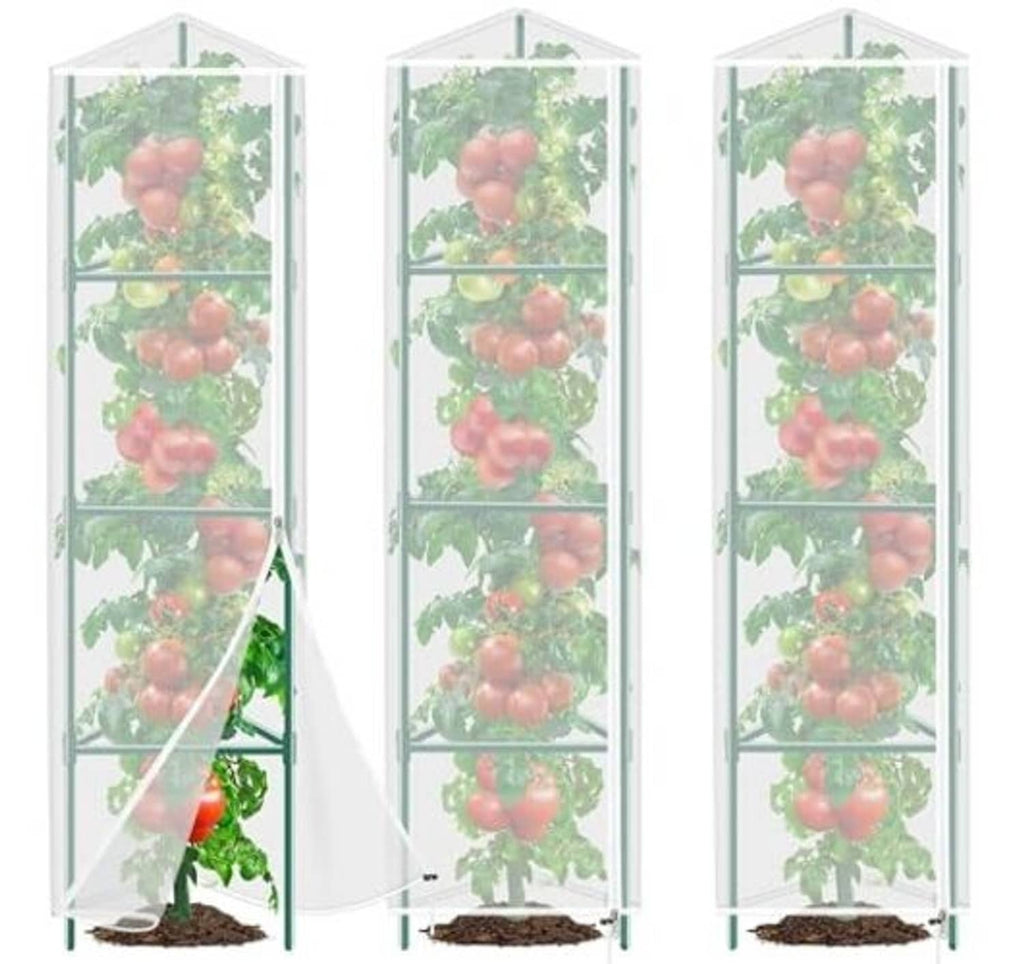 White mesh bird netting plant cover for tomato cage, fully covering the metal frame.