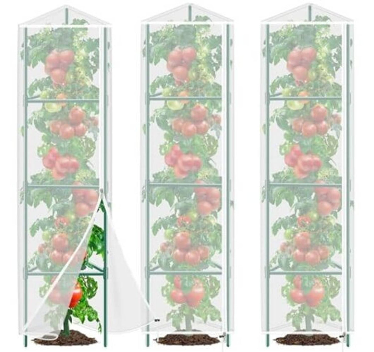 White mesh bird netting plant cover for tomato cage, fully covering the metal frame.