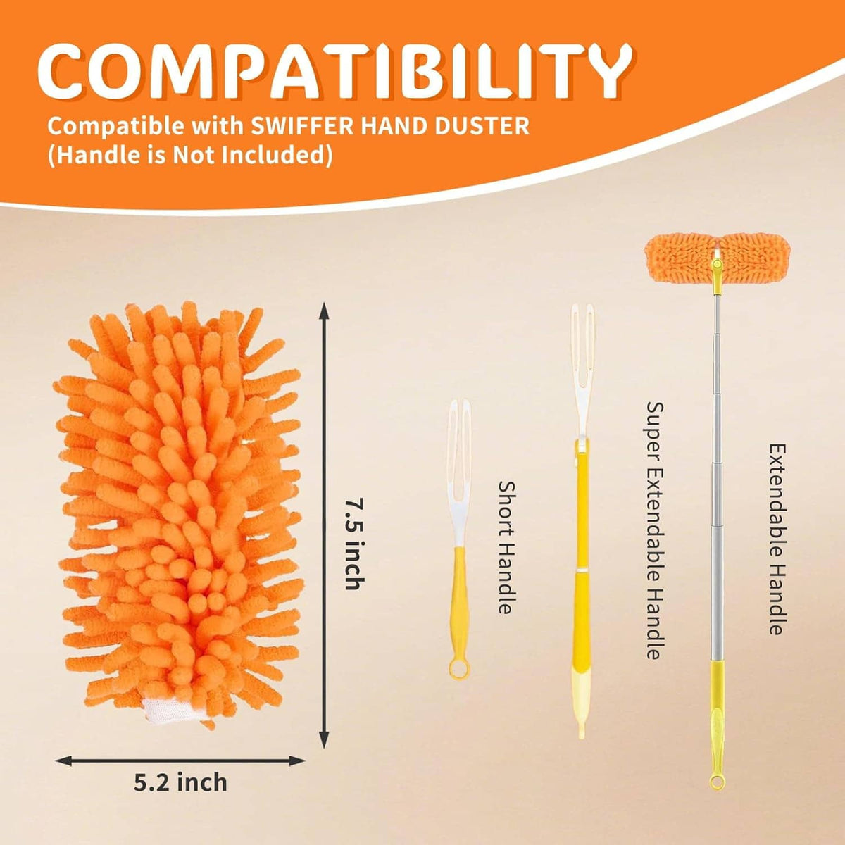 Orange microfiber hand duster refill head with yellow handle, shown beside full tool length.