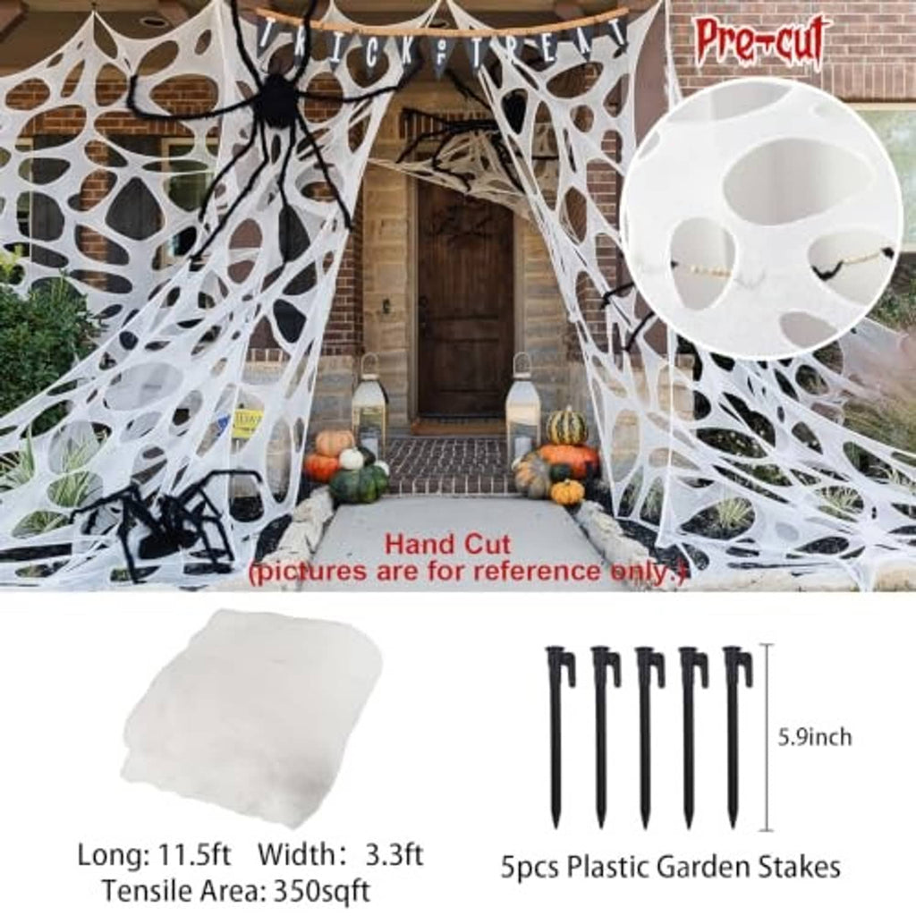 White Halloween spider web decoration with pre-cut pattern and included black plastic stakes
