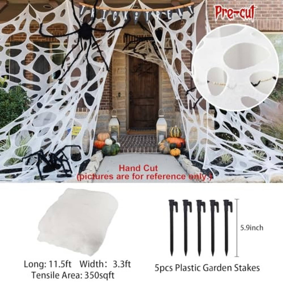 White Halloween spider web decoration with pre-cut pattern and included black plastic stakes