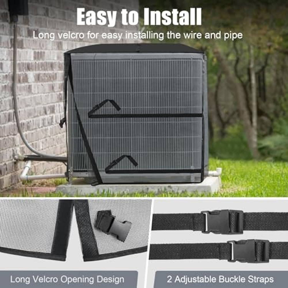 Black outdoor AC cover with long Velcro opening and two adjustable buckle straps