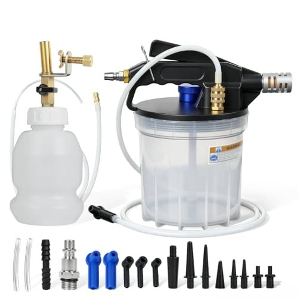 Pneumatic brake bleeder vacuum pump kit with black pump, blue knob, clear reservoir and accessory set