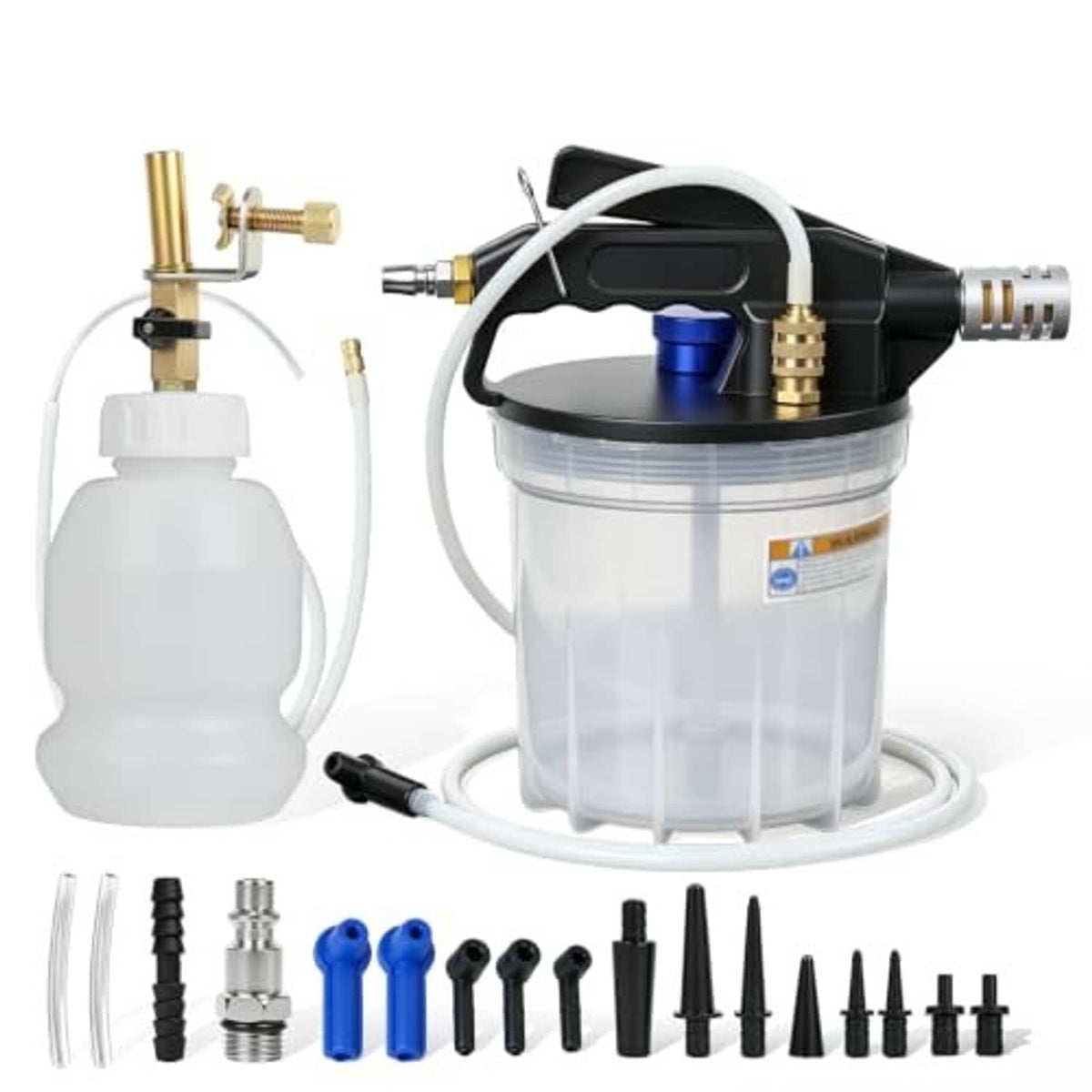 Pneumatic brake bleeder vacuum pump kit with black pump, blue knob, clear reservoir and accessory set