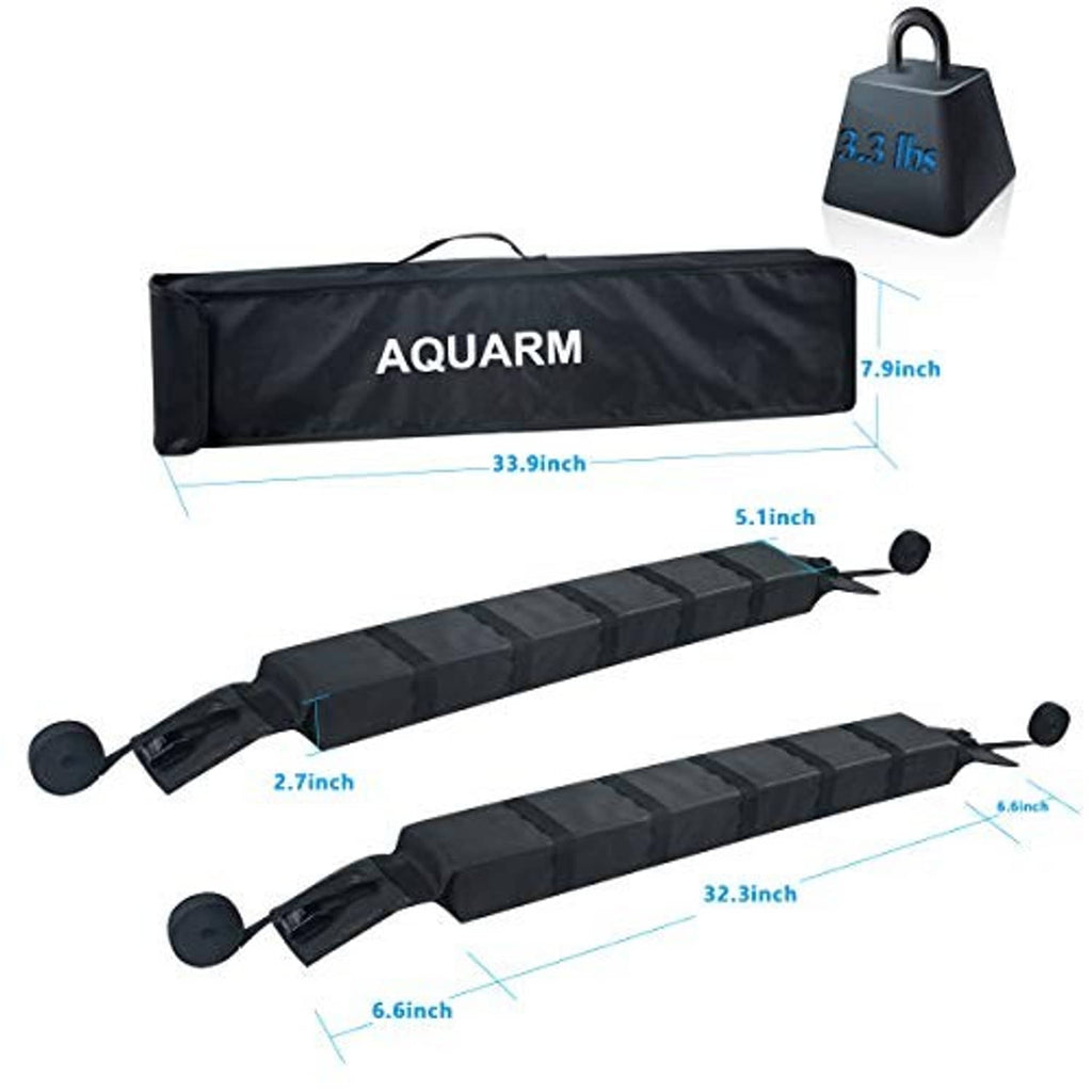 Two black roof rack kayak pads with end loops and measurement callouts