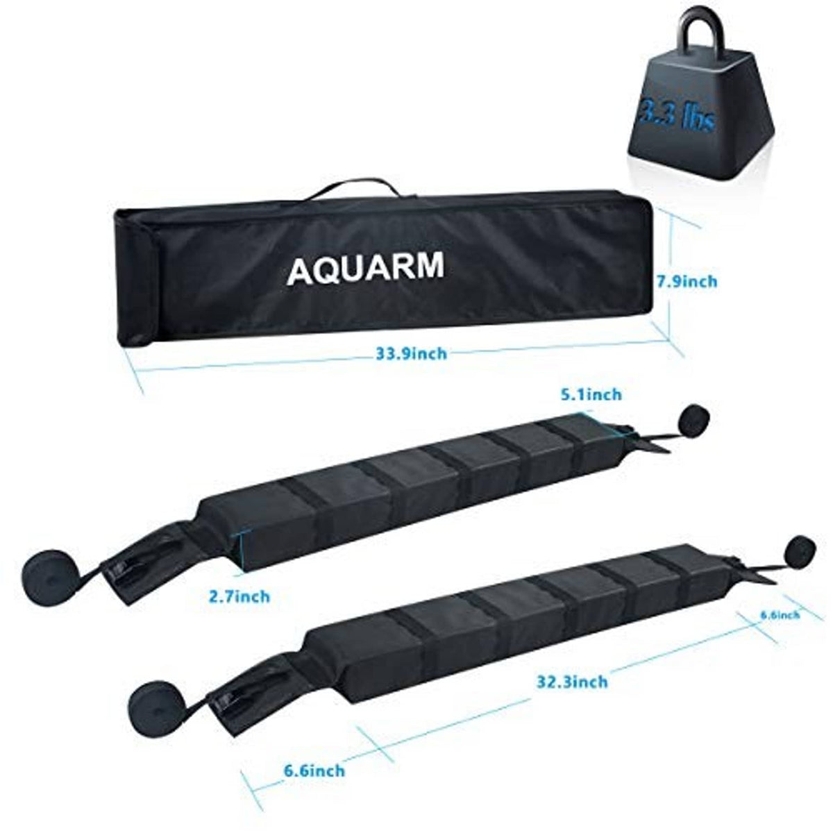 Two black roof rack kayak pads with end loops and measurement callouts