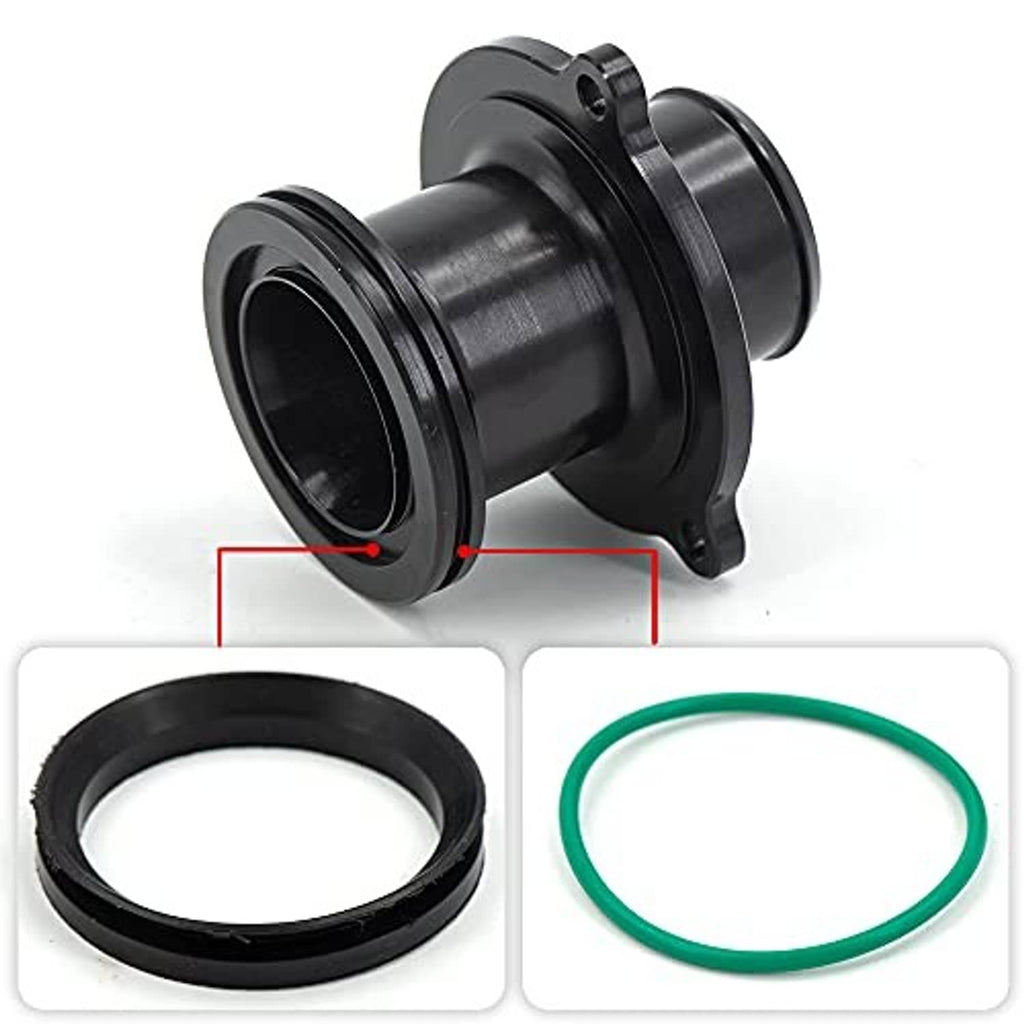 Black turbo muffler delete pipe adapter with gasket ring and O-ring, angled view