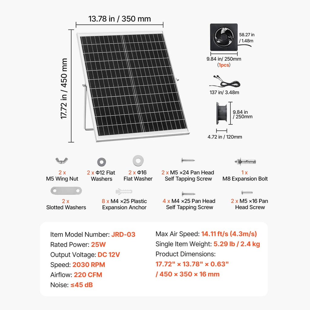 Diagram of solar ventilation fan dimensions, solar panel size, and included mounting hardware