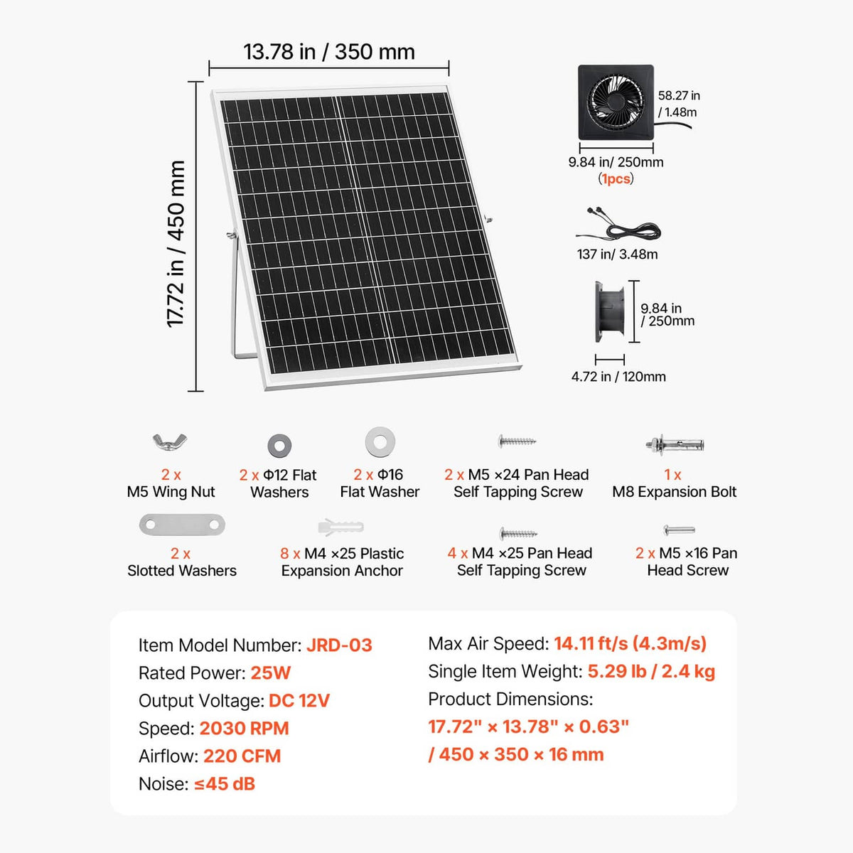 Diagram of solar ventilation fan dimensions, solar panel size, and included mounting hardware