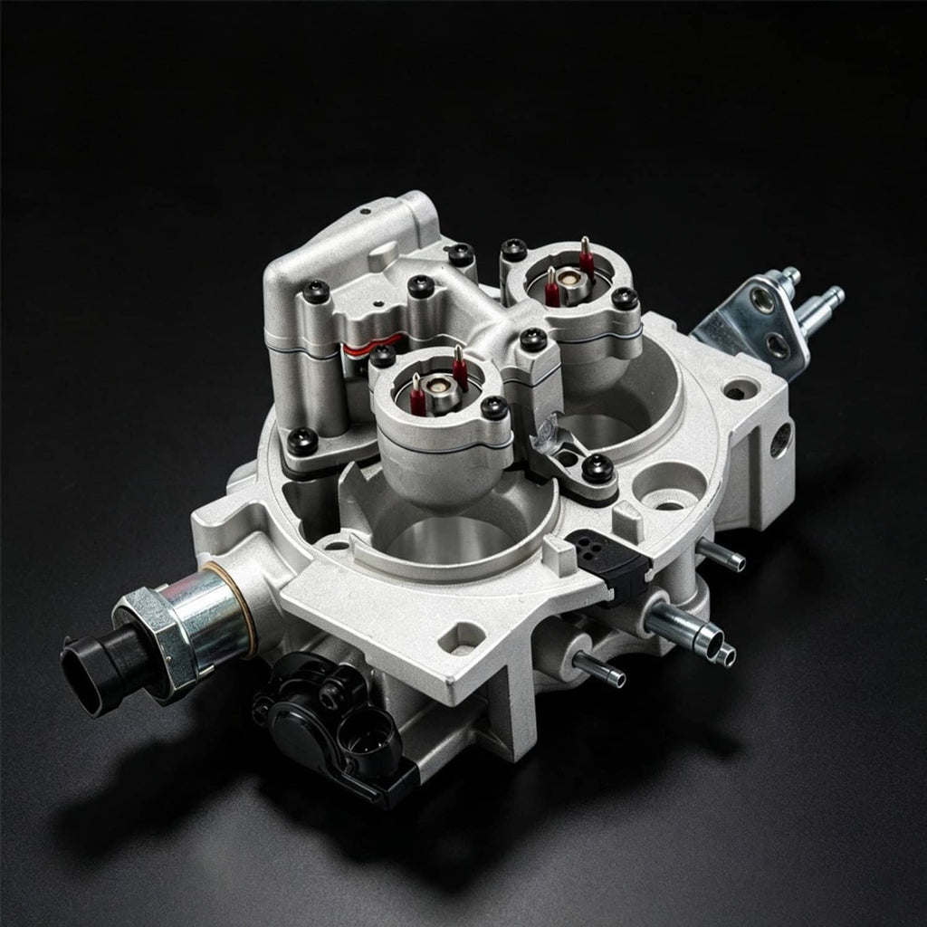 Throttle body assembly in angled view with metal housing, ports, and fittings