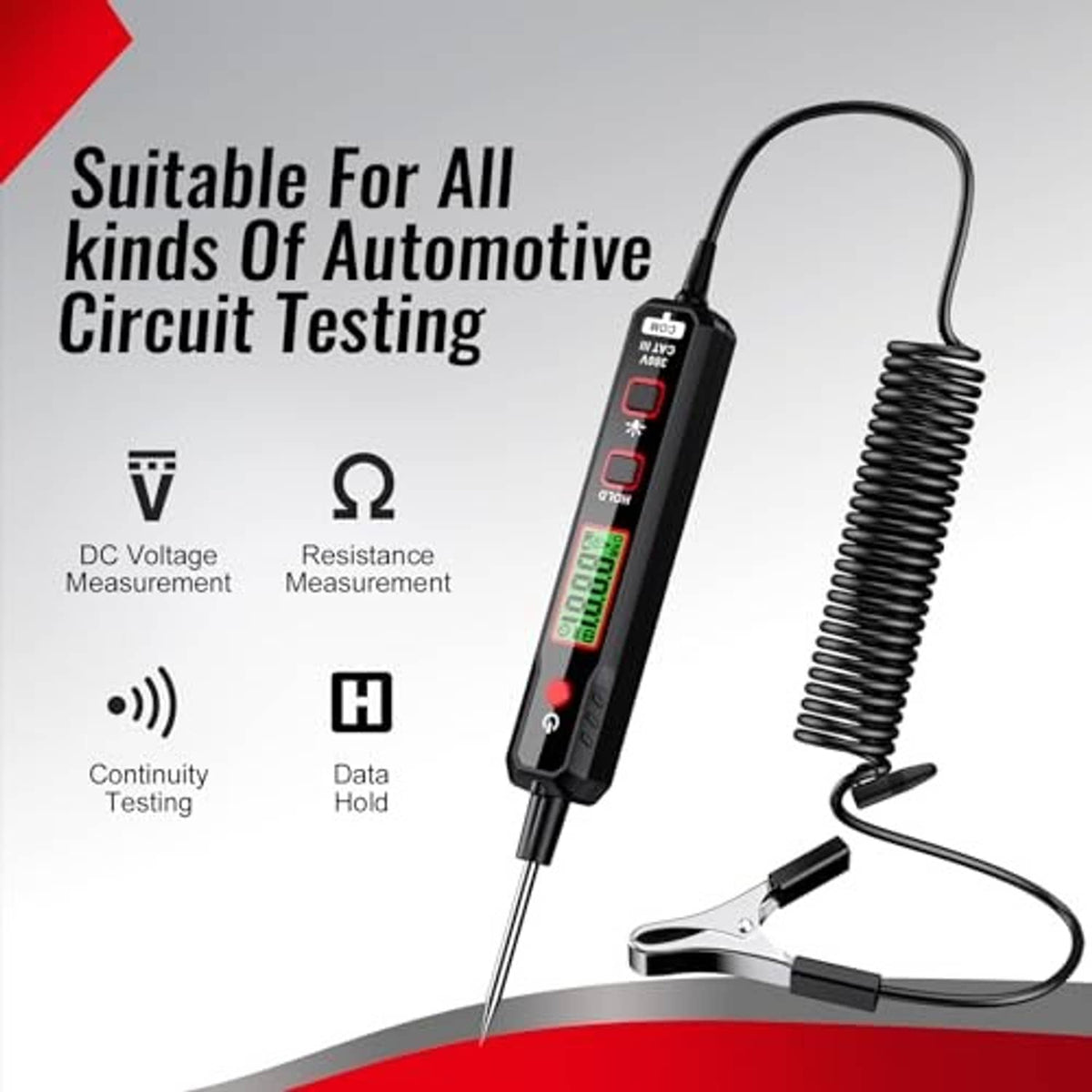 Automotive circuit tester with LED screen, coiled spring lead, probe tip, and grounding clip