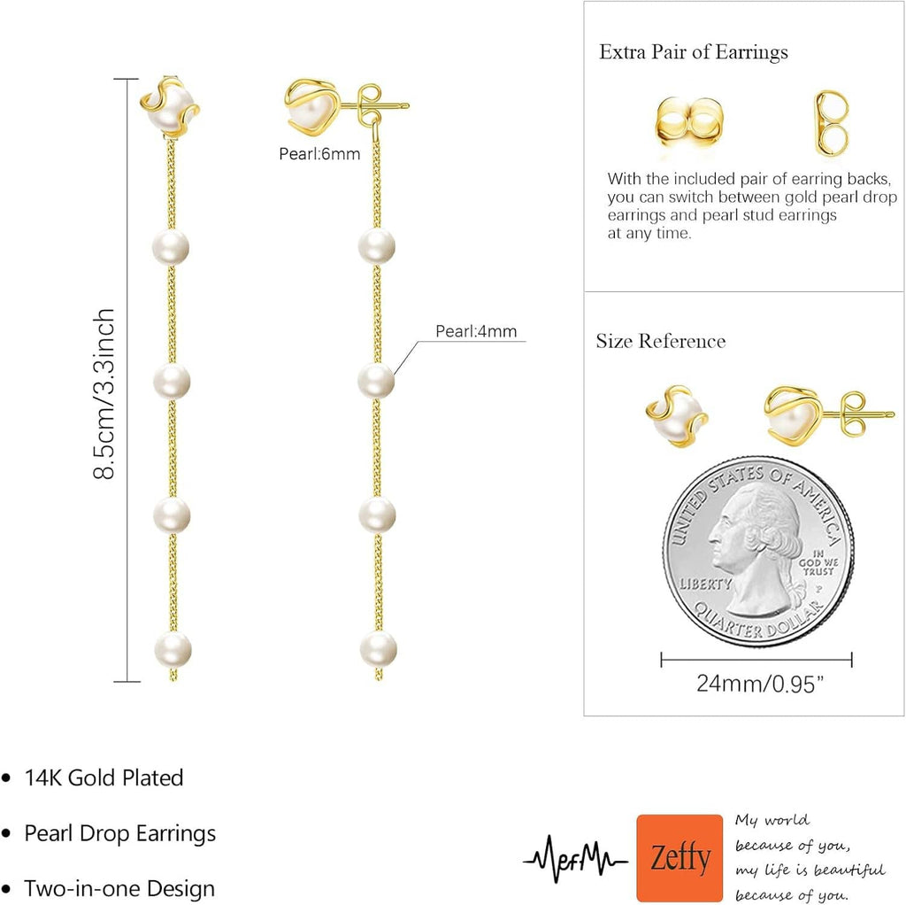 Gold long pearl drop earrings with matching pearl stud earrings