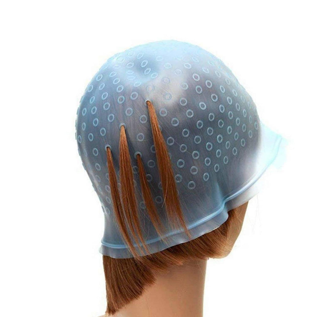 Blue silicone highlighting cap on head with dotted perforations and pulled-through hair